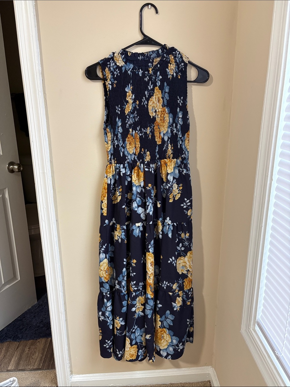 Sleeveless Navy Floral Maxi Dress with Smocked Bodice